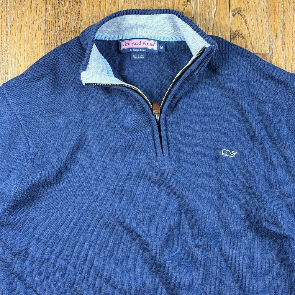 Vineyard Vines Sweater Mens Medium Blue Cotton 1/4 Zip Mock Neck Whale Logo